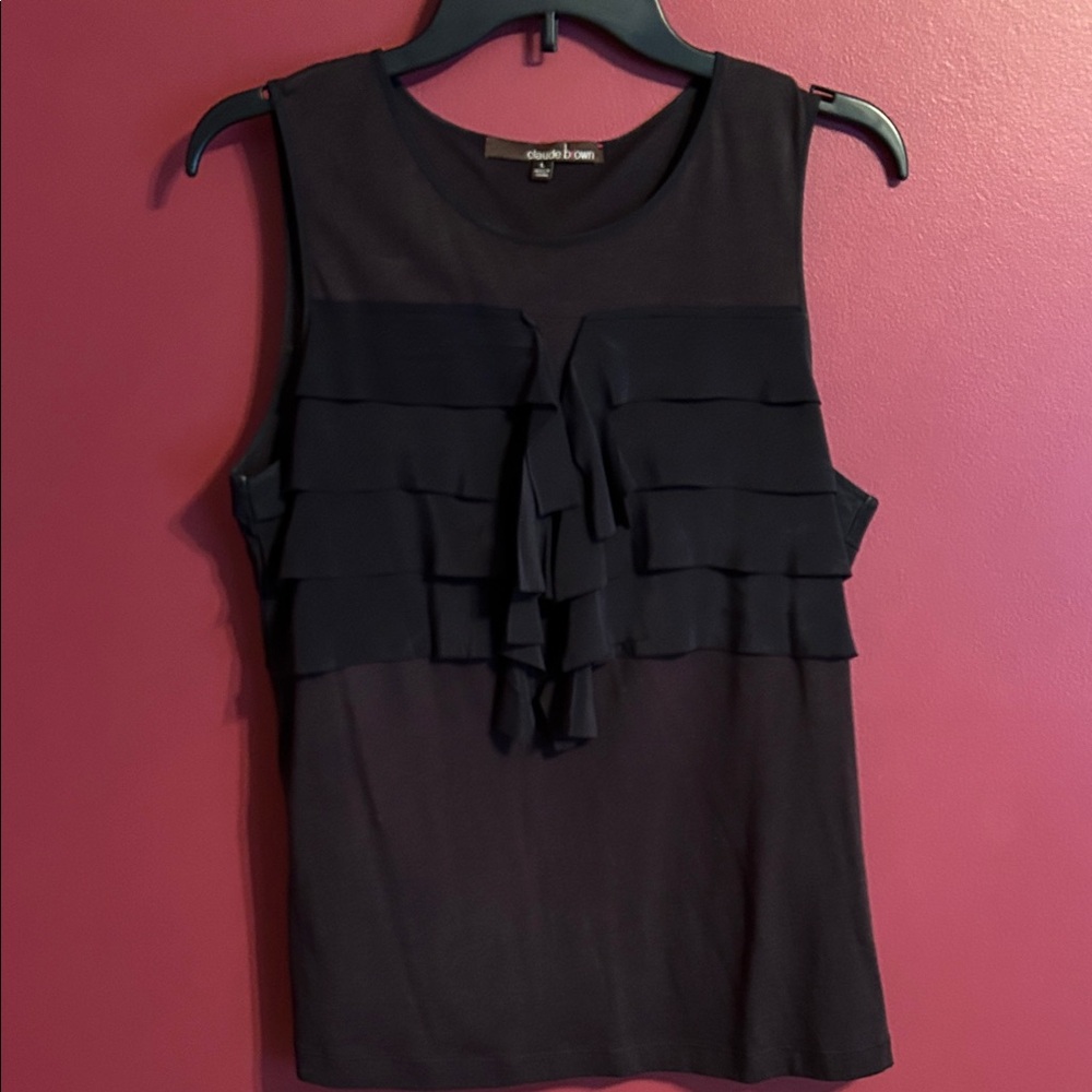 Claude Brown Black Sleeveless Ruffle Top